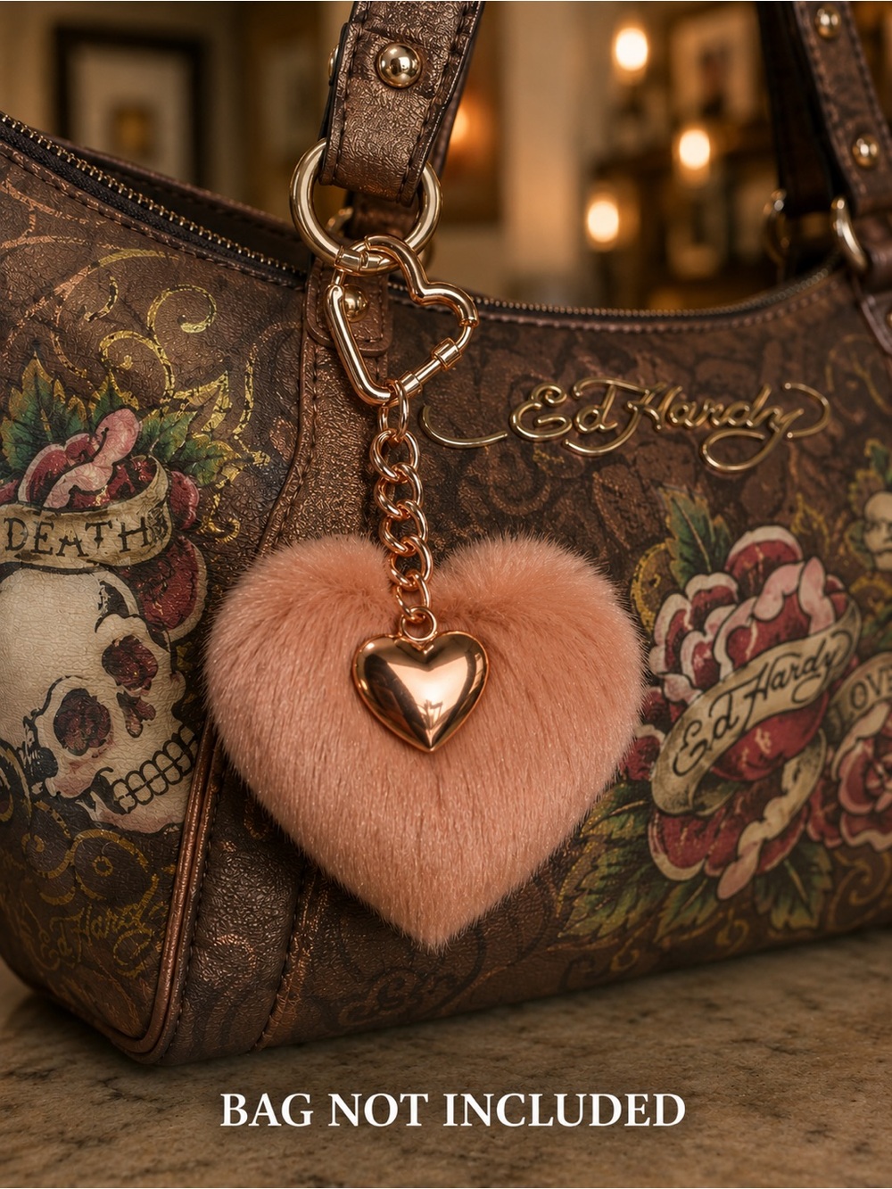 Ed Hardy Heart Compact Mirror Keychain Bag Charm Pink Faux Fur NWT